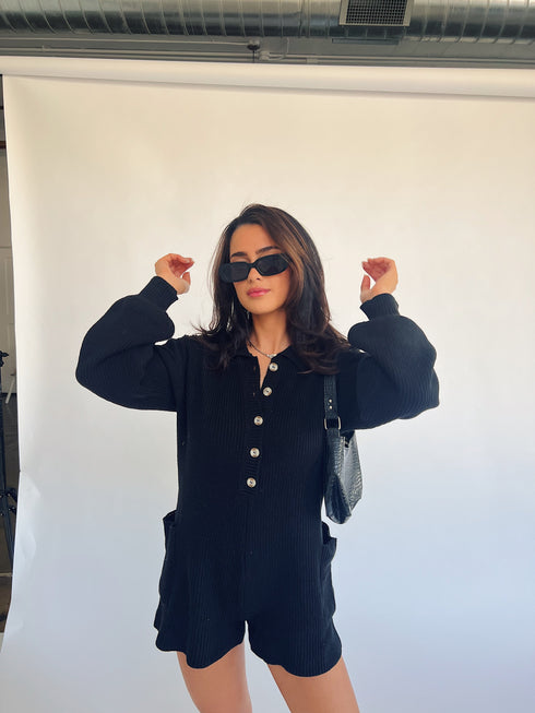 Picnic Date Knit Romper// Black